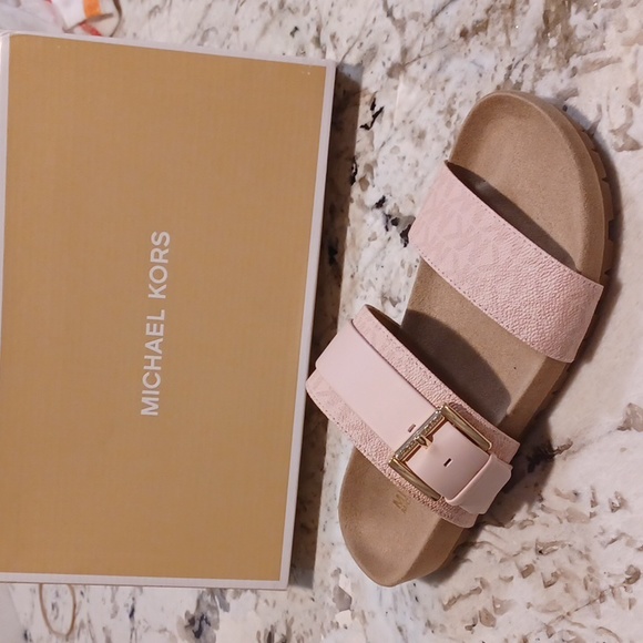 Michael Kors Blush Pink Mylah MK Signature Print Slide Sandals NEW SZ 6.5 - Picture 3 of 14